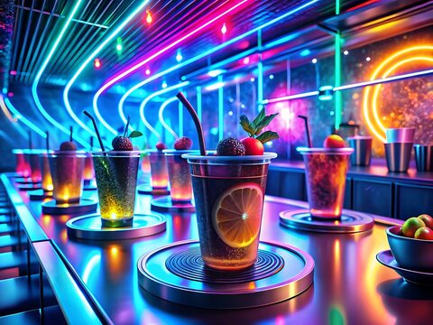 A vibrant bar scene with colorful neon lights and several cocktails on the counter, ready to be served