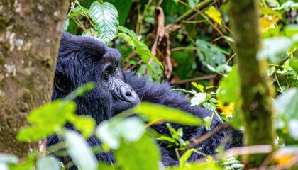 Obraz premium A black gorilla sits amongst green foliage, partially obscured by leaves and tree trunks, looking to its right.