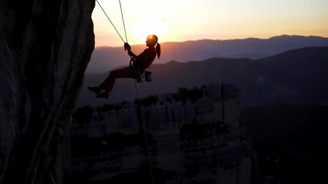 Adventurous Woman Rappelling at Sunset - A silhouetted female rappels down a cliff face during a breathtaking sunset.