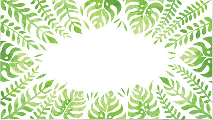 Watercolor painting of green tropical leaves arranged around a white space for text and design use