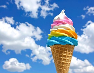 Rainbow soft-serve ice cream cone against a bright blue sky with fluffy white clouds