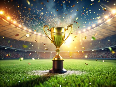 Golden trophy stands on a soccer field amidst confetti, celebrating victory in a packed stadium