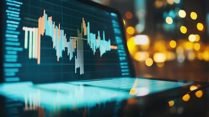 Laptop displaying colorful financial graphs at night, reflecting urban lights - Powered by Adobe