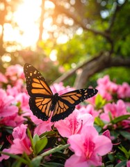Monarch butterfly on vibrant pink flowers, sunlit garden backdrop