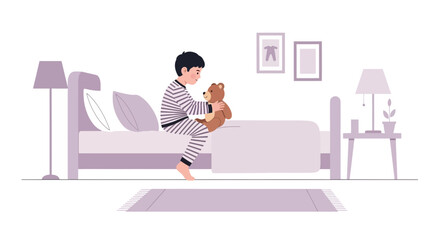 Boy In Striped Pajamas Sitting On His Bed With His Teddy Bear