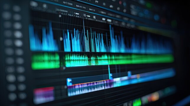 Close-up of audio editing software displaying waveform and spectral analysis.  Colorful graphical representations of audio data on a dark background - Powered by Adobe