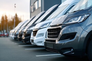 Row of camper vans in a parking lot.  Modern vehicles, various colors, lined up neatly.  Urban setting.  Dusk or dawn light