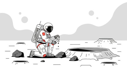 Obraz premium Astronaut Conducting Mineralogical Research On Lunar Surface Illustration Concept