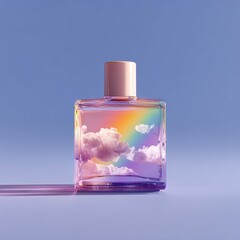 A pastel-hued perfume bottle, featuring a rainbow and clouds reflected within