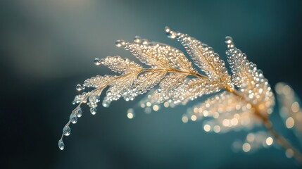 A delicate fern frond, unfurling, covered in tiny water droplets, macro photography.