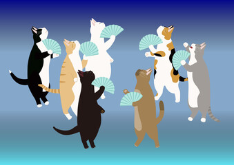 夜空を見上げ扇子を持つ7匹の猫
