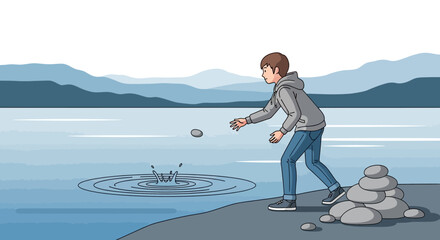 Obraz premium Boy Skipping Stones On Serene Lake With Mountain Backdrop In Minimalist Style