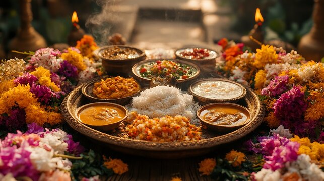 Durga Puja feast with luchi alur dom shorshe ilish and mishti doi on a clay platter surrounded by flowers incense and festive decorations