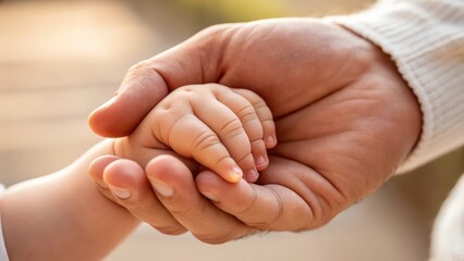 Father holding baby hand concept of family love care support protection bonding and parenthood close up image