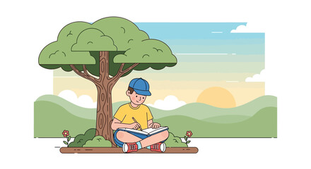 Boy Writes in Notebook Under Tree on a Sunny Day Serene Learning