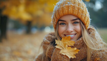 Woman smiles holding autumn leaves in a knitted hat