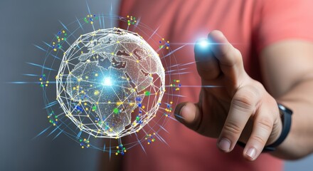Global Network Connection Concept: Person Touching a Holographic Earth with Digital Connections and Data Flow