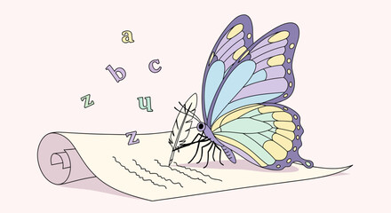 Butterfly Author Writes Its Stories On The Parchment With A Quill Pen