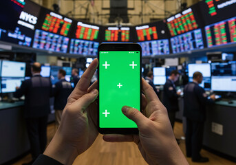 Hands Holding Green Screen Phone on Busy Stock Trading Floor