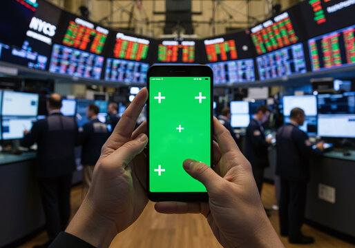 Hands Holding Green Screen Phone on Busy Stock Trading Floor