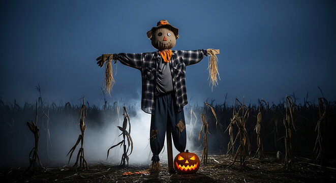 A scarecrow standing in a cornfield at night with a lit jack o lantern in front of it on halloween