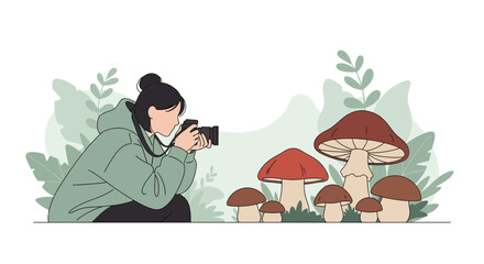 Capturing Nature's Beauty: Woman Photographing Mushrooms in Forest Scenery