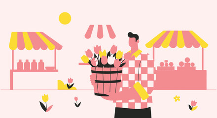 Obraz premium Blooming Season At The Local Marketplace With Fresh Tulips And Vendor Stands