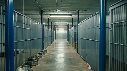 Empty animal shelter corridor with metal cages, clean floors, and visible food bowls