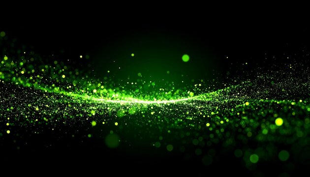 Abstract green particle wave on black background
