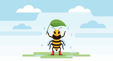 Obraz premium Cartoon bee illustration in rainy weather with a leaf and wearing boots creates a whimsical and charming image
