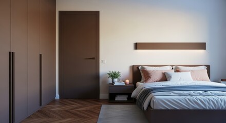 Modern Bedroom Interior with Minimalist Design, Brown Accents, Natural Light and Comfortable Bedding for Relaxation