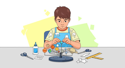 Cartoon boy creating a solar system model with planets and craft supplies diligently working on his science project