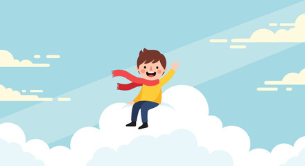 Cartoon Character Boy Sitting On Cloud And Waving Hand With Happy Face