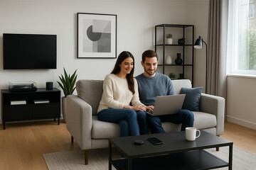 Obraz premium Young couple with a laptop in their living room 