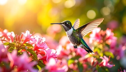Naklejka premium Hummingbird in flight near pink flowers, backlit by warm sunlight