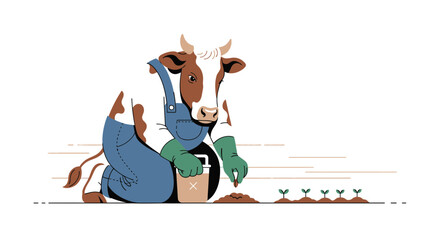 Fototapeta premium Cartoon cow planting seeds in a field showcasing sustainable agriculture practices and farming techniques