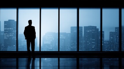 Silhouette of a Businessman Contemplating the Cityscape, Standing by Large Windows in Modern Office