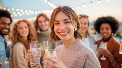 Autumn party woman smiling with mocktails and cocktails surrounded by friends. Cheerful group celebration with drinks, warm lights bokeh background for social gathering and lifestyle concept.