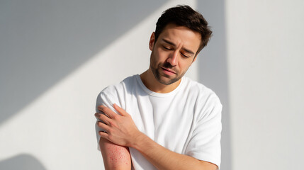 Man with mosquito bites and allergic skin rash on arm scratching red itchy spots. Medical dermatology concept showing insect bite reaction, inflammation and skin irritation symptoms.