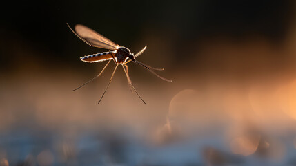 Mosquito pest flying with detailed wings and legs against blurred golden background. Macro insect photography for pest control, health protection and disease prevention concepts.