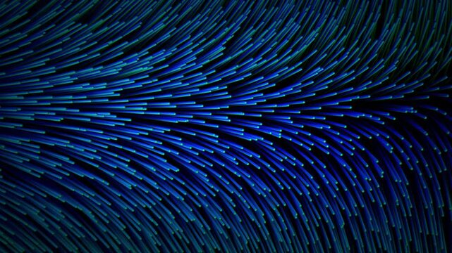 Seamless loop background with smooth motion of flowing blue and green fiber optic lines. Abstract screensaver with glowing oblong elements for futuristic and science fiction art. Looped 4K 30fps