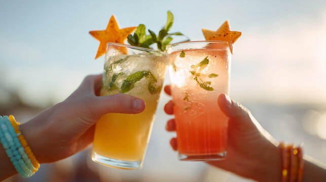 Beach party mocktails cheers with tropical drinks garnished with starfruit and mint. Summer celebration cocktails toasting at sunset for vacation lifestyle and refreshing beverages concept.