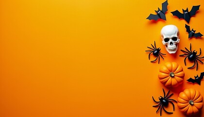 Halloween Flat Lay with Mini Pumpkins Skulls Bats and Spiders on a Vibrant Orange Background