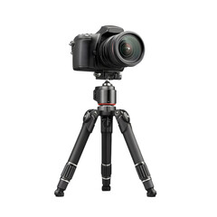 A black digital slr camera mounted on a small black tripod isolated against a black background view from front on transparent background