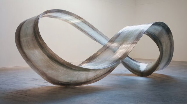 A mobius strip constructed from flexible recycled plastic sheeting, endless cycle, surreal form.