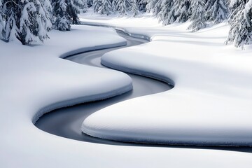 Fototapeta premium A serene winter landscape featuring a winding river surrounded by snow-covered trees, creating a peaceful and tranquil scene.
