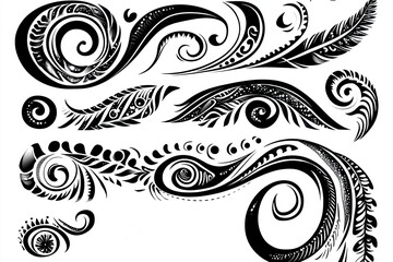 Fototapeta premium A collection of intricate black and white decorative swirls and patterns, showcasing elegant designs perfect for creative projects. Tattoo Designs