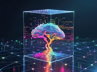 Digital tree inside a cube with network connections, representing the growth of technology