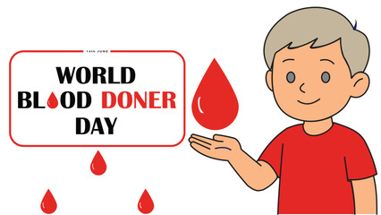 World blood donor day image with text and cartoon boy holding a blood drop on his hand