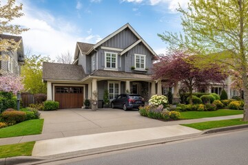 Suburban home with manicured landscaping under a partly cloudy sky